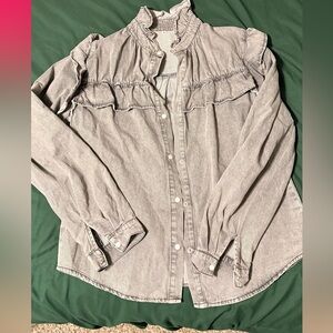 Womens Ruffle Yoke Button-Front Top - Taupe